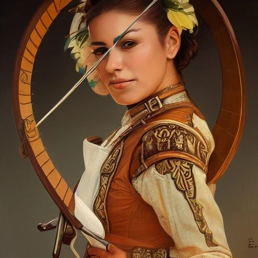 portrait,"Insanely detailed photograph of a mariachi warrior", charo with crossbow belt, sequenced Sombrero, detailed D20 flair, digital painting, artstation, concept art, smooth, sharp focus, illustration, art by artgerm and greg rutkowski and alphonse mucha, 8 k