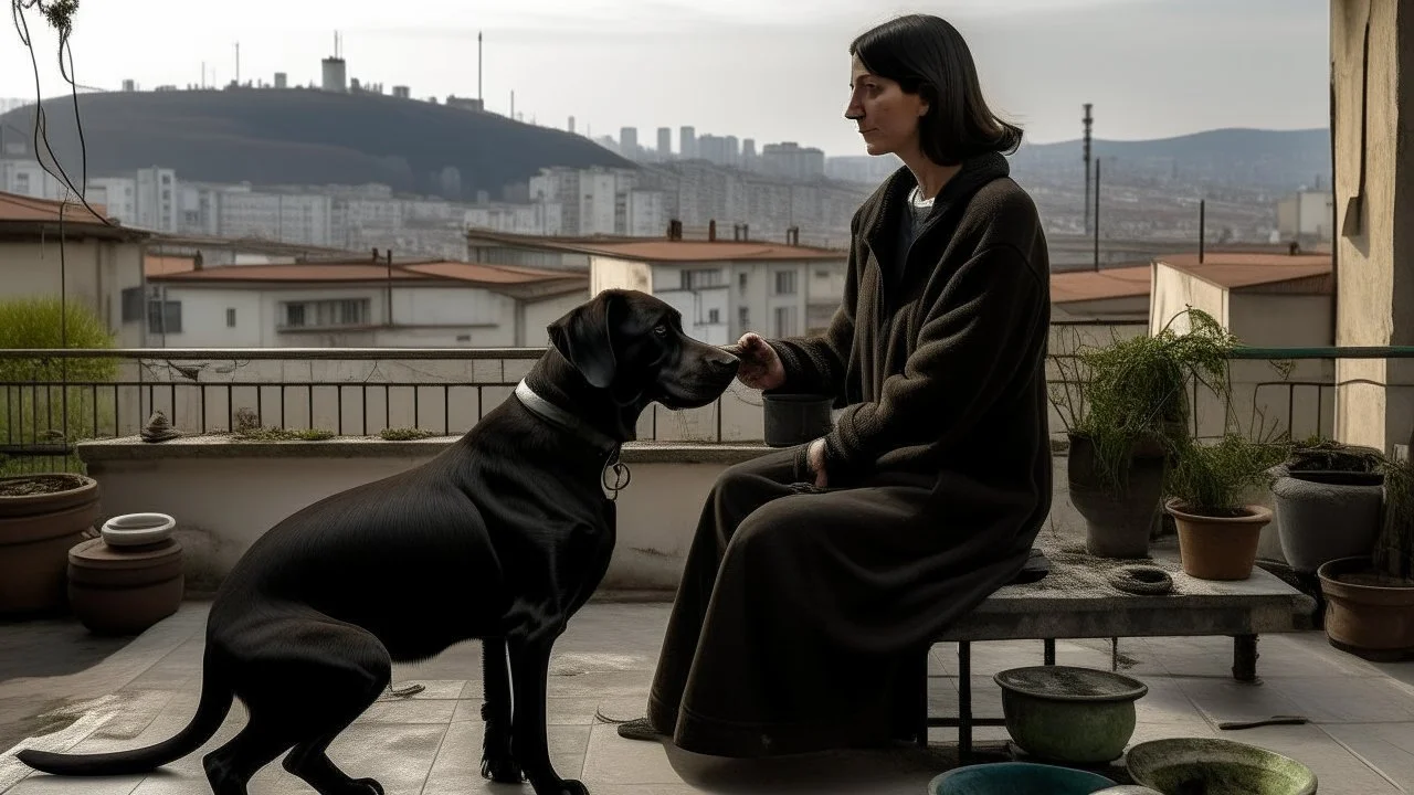 On a hanging terrace overlooking the city, the woman and the black Labrador shared the space among handmade ceramic pieces; she, with her hands stained with mud, and the dog, with his tongue hanging out, both emanated a calm that contrasted with the distant bustle.