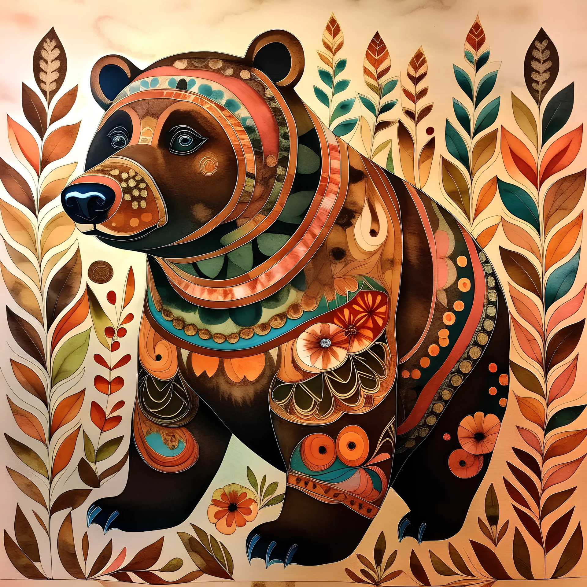 ink painting of a bear in Scandinavia folk art in color