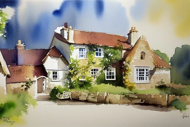 Watercolour of English cottage in the style of john lovett