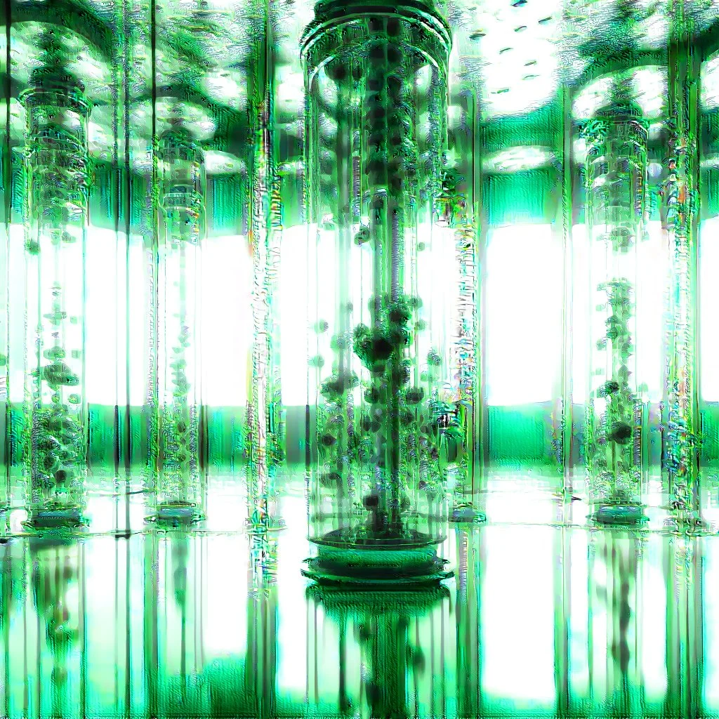 Large glass cylinders with human embryos floating in liquid in a large hall 4k photo realism