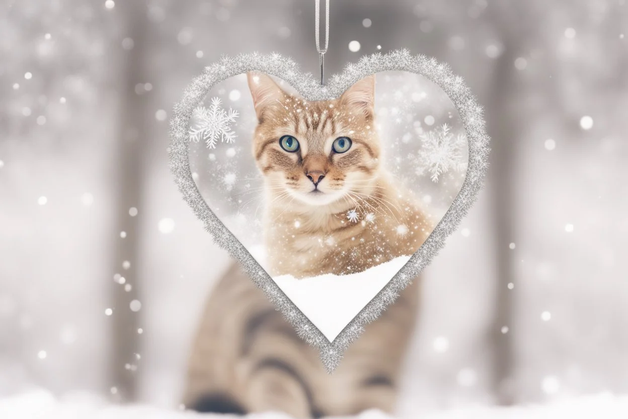 Double exposure, merged layers, Christmas fantasy, cat Christmas ornaments, gifts, double exposure, snowfall, heart, snowflakes, icy snowflakes, burlap, gems and sparkling glitter, sunshine