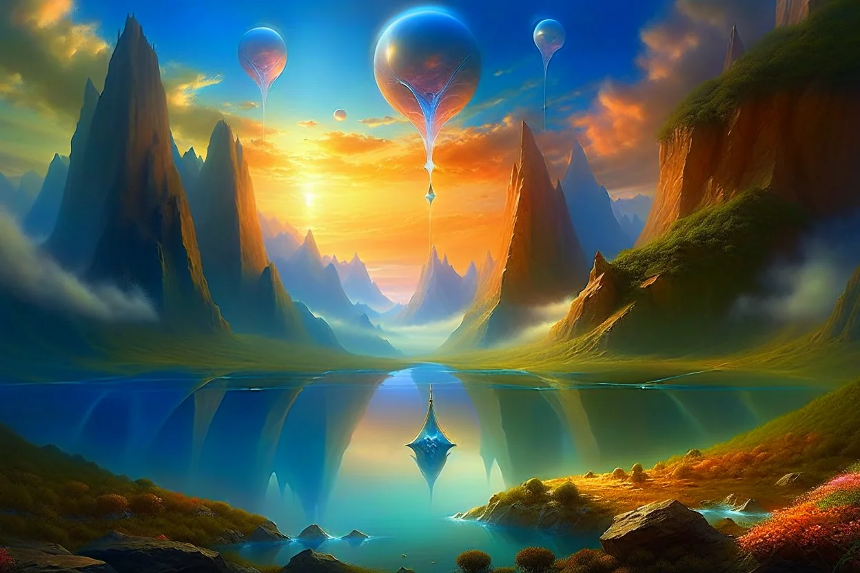 A fantasy painting of mysterious energy orbs in the sky surrounded by floating islands and hovering rocks, a beautiful landscape in the style of Michael Whelan, energy surge, serene countryside, lush forests, soaring mountains, impressive detail, sunset, high resolution, 4K, 8K, masterpiece