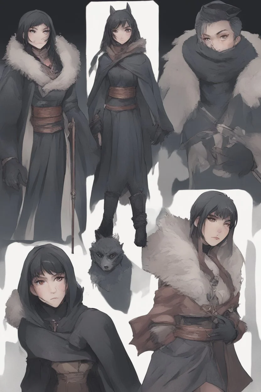 A dnd character sheet. A woman dressed for the cold north dressed in dark furs, with black hair. Death cleric wearing a mask, female woman girl