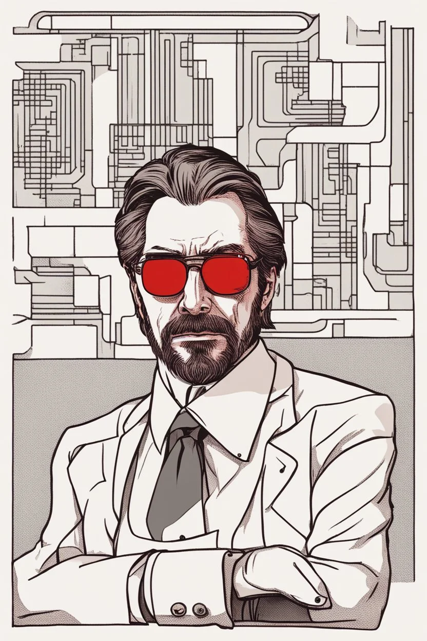 a menacing, intimidating Hans Gruber wearing red-tinted glasses