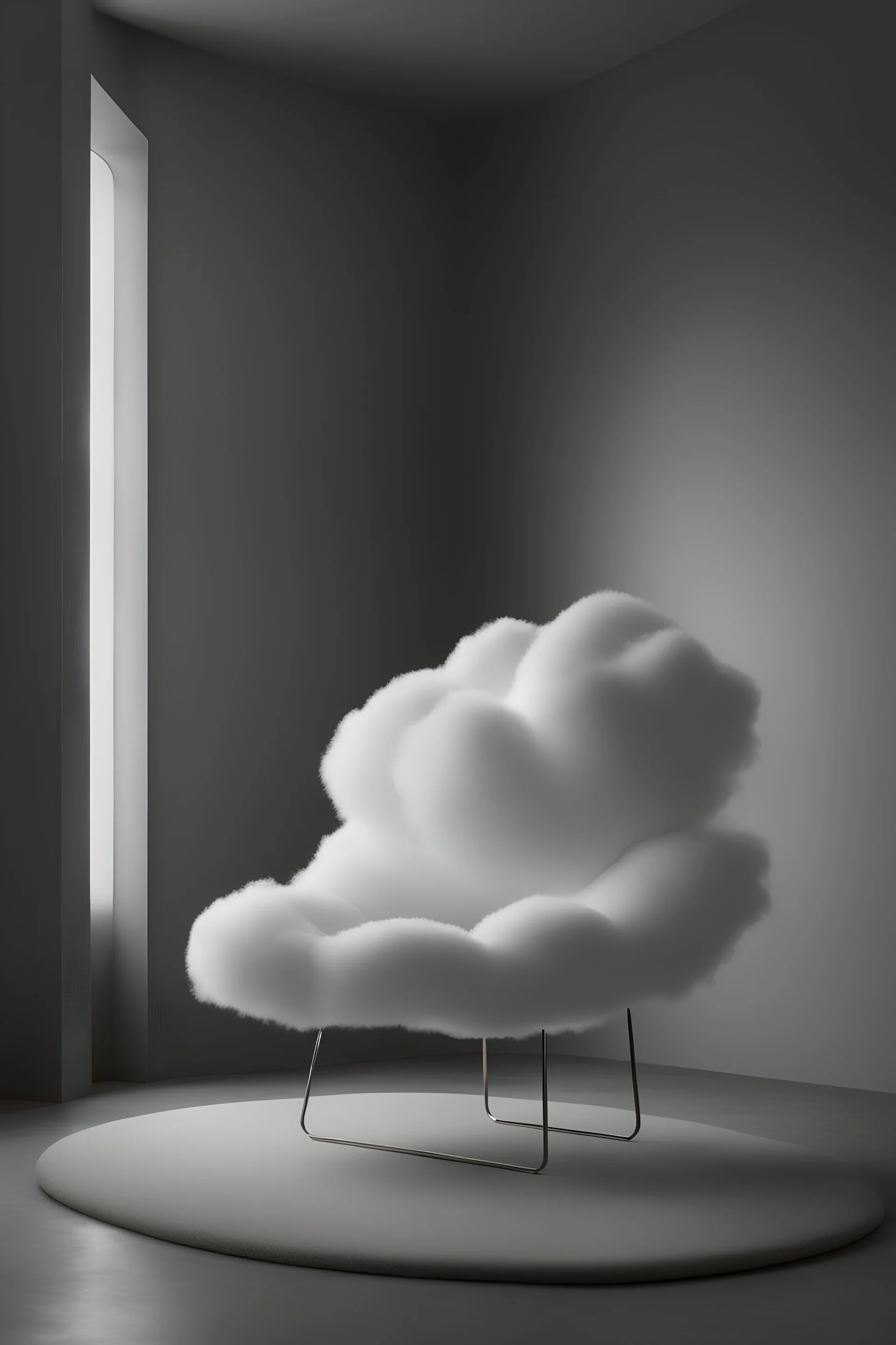 a soft chair that looks like a cloud on a gray background floating in the air with lighting