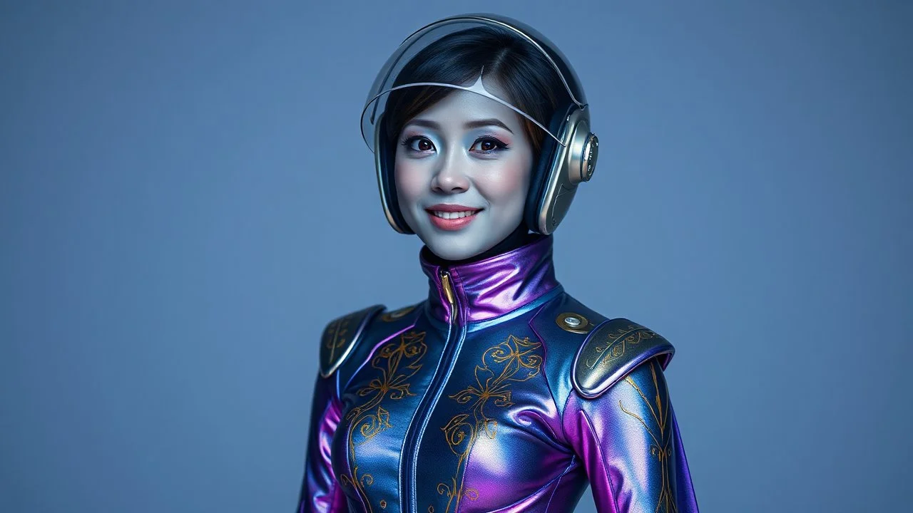 "Artistic photography (((FULL BODY from HEAD TO TOE + profile))), She is a Pleiadian woman with large bright almond-shaped eyes, she is beautiful and smiling, with indigo-purple blue skin, Asian style 40 years old, wearing a one-piece iridescent shimmering skintight spacesuit with gold designs down to her feet, she has pointed shoulder pads and a large high collar, a small cape, and skintight ankle boots the color of her suit with flat heels. She is wearing a transparent sci-fi style space helme