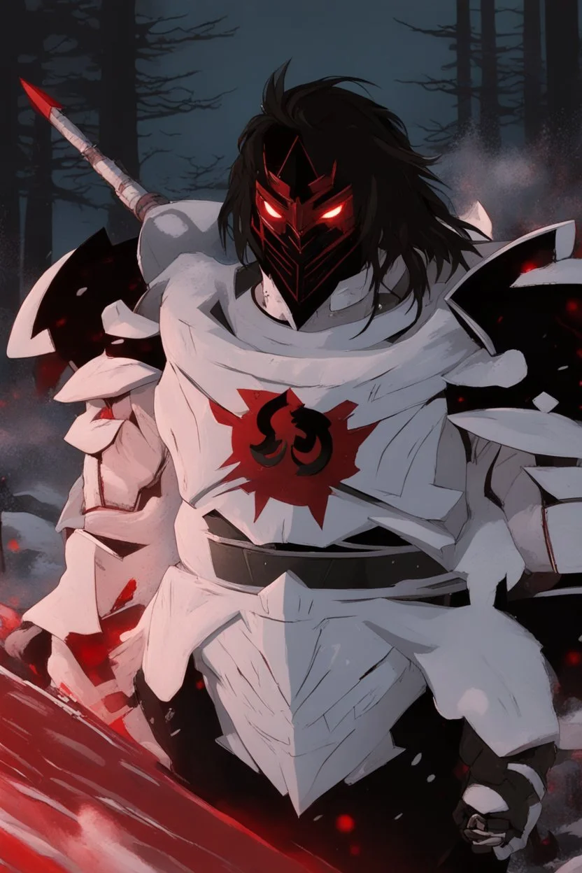 The character, in a striking white armour against a wintry backdrop stands with his hands behind his back inside the scene, he has a red and black circular symbol on his chest like a shield, a black pointed spear with a red handle on his back, His eyes are showing a dynamic expression and he wears a black oni mask with white teeth on it covering the bottom part of his mouth he has brown shoulder pads and a white belt with a bag attached to it. He has dark brown hair, he does not wear a helmet.