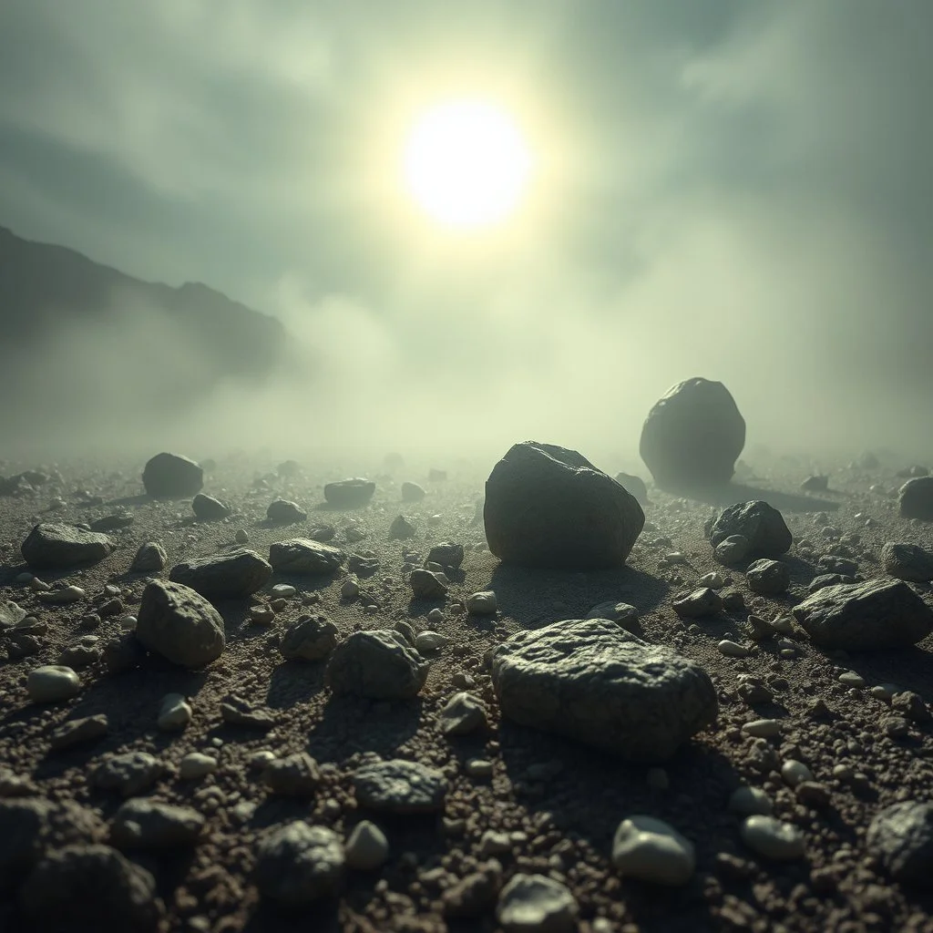 A striking quality close-up photograph captures a wasteland with odd stones, spooky, creepy, details of the dust very accentuated, glossy, early life forms, organic, adorned with minerals and rocks, fog. Bathed in intense light, eerie, Max Ernst style, black sun, fog, volumetric light