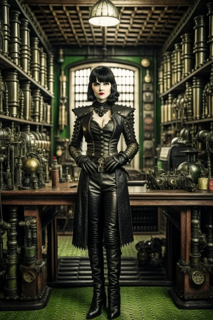 full-length pale dark-haired woman with a straight bob hairstyle with a fringe, in a steampunk leather outfit, and gloves, standing in a laboratory