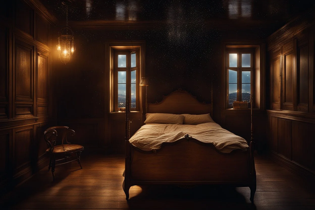 strange evening in vintage bedroom, deep dark colors, old wood floor, old antique bed, pale lights, sharp contours, old balkony, ceiling the galaxy with stars, nightly lights, etheral, stunning, cinemeatic