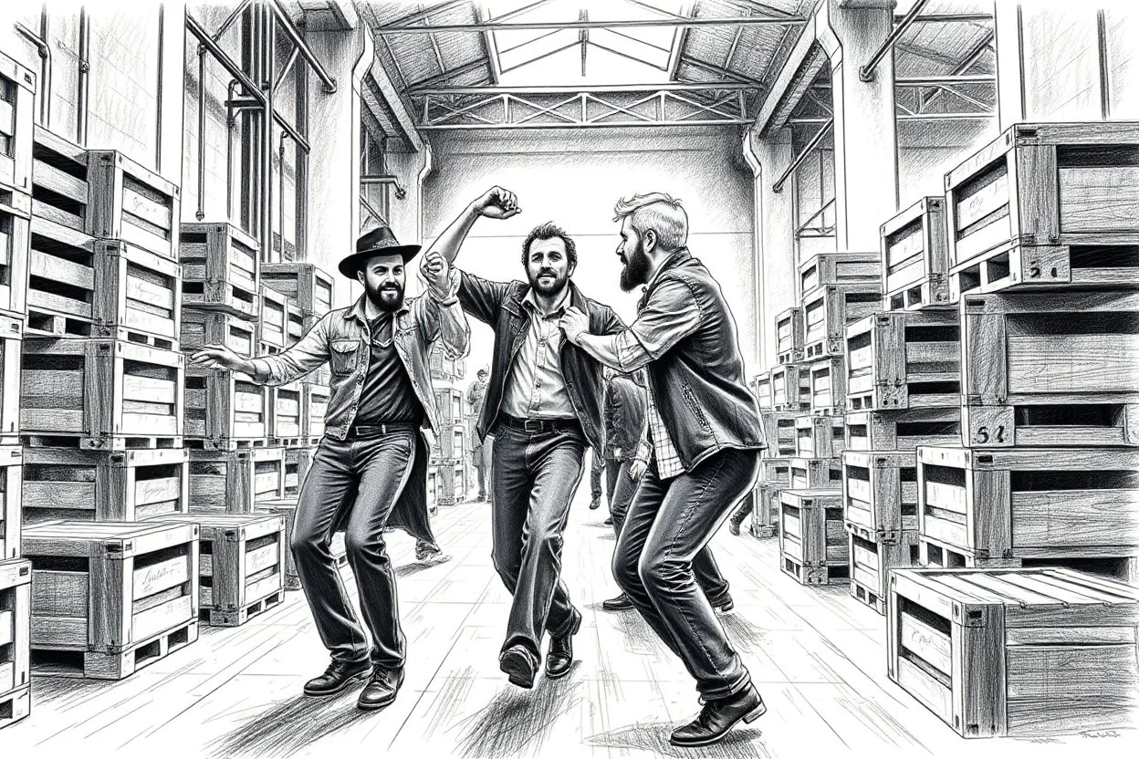 workers dancing in a industry factory with lot of wooden crates , a drawing with sketch lead pencil, no beards and light hair, the music video from AHA style (take on me)