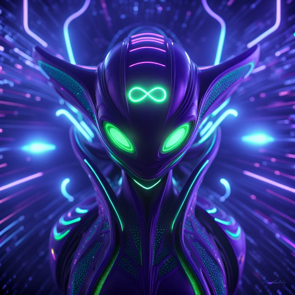 3D infinity symbol ∞ on alien's forehead, infinity figure-of-eight symbol is totally-symmetrical and glowing, exotic, neon, alien, inspiring, fantasy, scientific, friendly, beautiful, octane render, 8k post-production, artstation: award-winning: atmospheric: commanding: fantastical: clarity: 16k: ultra quality: striking: brilliance: liquid medium: stunning colors: amazing depth; lens: f/8, 28mm