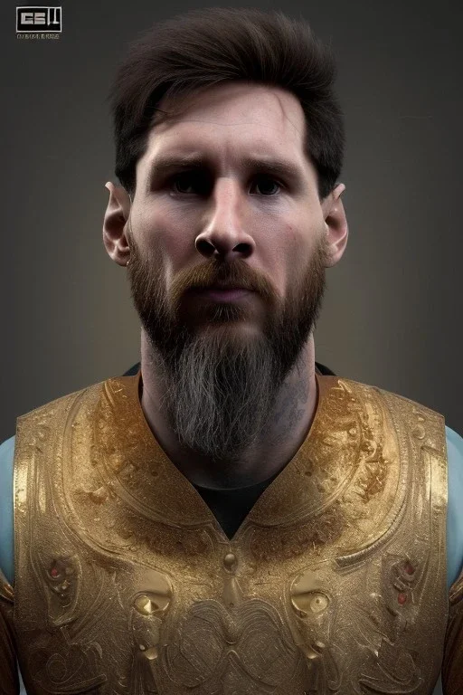 Realistic image, lionel Messi sculpture, white marble material with gold veins, gold laurel leaves crown, gold ornaments, Renaissance style, sun rays background, waist up portrait, epic, celestial, cinematic lighting, God lights, 4k resolution, smooth details, soft lighting, unreal engine 5, art station, substance 3d.