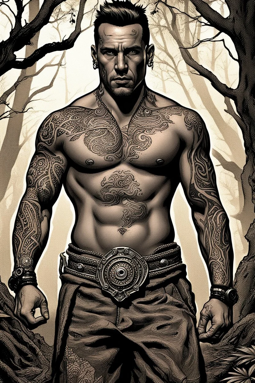 Jason David Frank muscular man with short hair and tribal tattoos piercings in forest, realistic face, close-up, dark fantasy, smoke in the sky, intricate details, hyper detailed