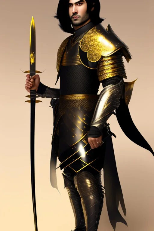 A handsome 30 year old man, black hair, male bob haircut, in black-and-gold plate armor, golden katana in both hands, no beard, european