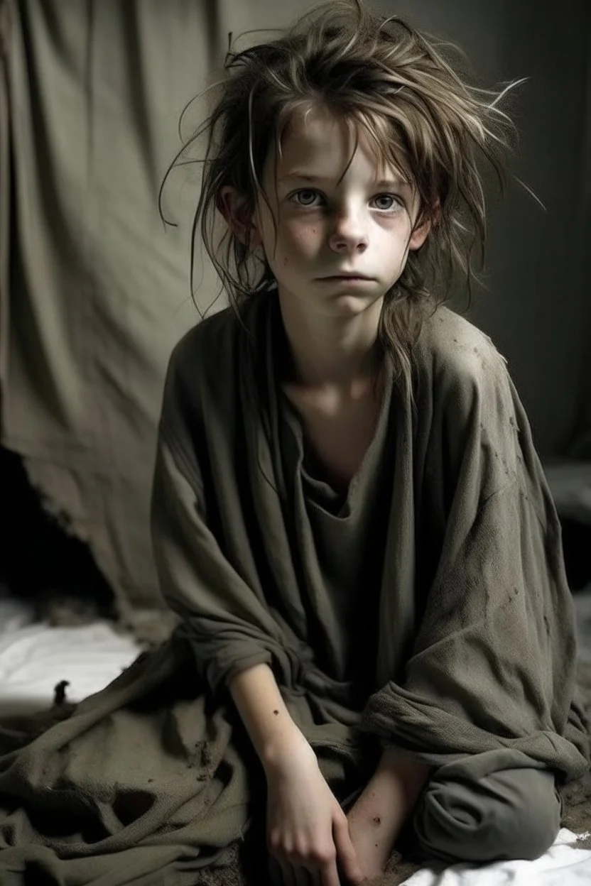 very thin 13 year old girl, dressed in rags, lon messy haircut, A Cure for Wellness style, full figure