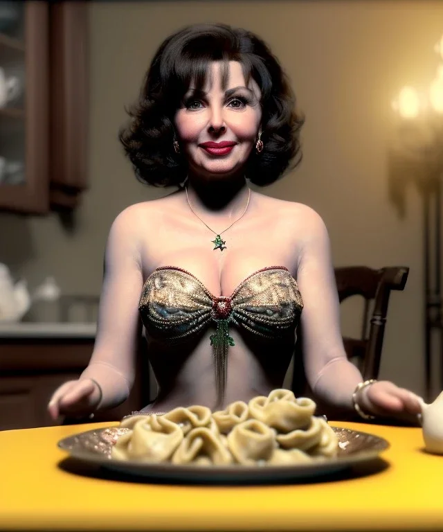 Ultra realistic photographic portrait, happy elegant Gina Lollobrigida woman sitting with arms resting on Italian kitchen table, pretty tortellini dish, classic style decoration, cold, soft color, highly detailed, unreal engine 5, ray tracing, RTX, lumen lighting, ultra detail, volumetric lighting, high definition.