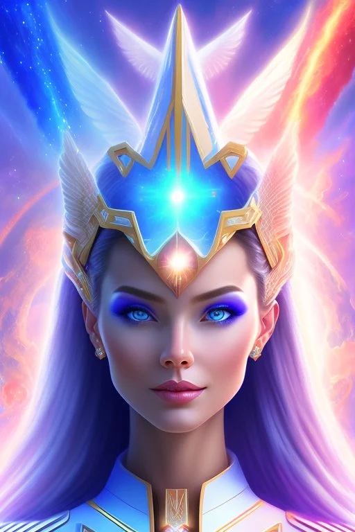 young cosmic woman admiral from the future, one fine whole face, large cosmic forehead, crystalline skin, expressive blue eyes, blue hair, smiling lips, very nice smile, costume pleiadian,rainbow ufo