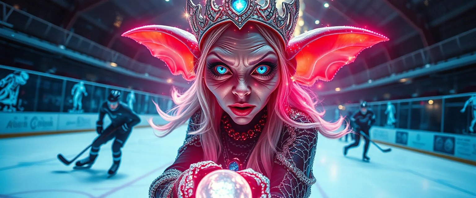 close up portrait of shiny ice queen with magical aura hockey staff, pin hole cam, master oil painting by Rembrandt, d&d glam rock and glitter vampire gremlin illithid and lich playing hockey in ice skating hall or church, in the style of giger and escher, sci fi with floating little saucers