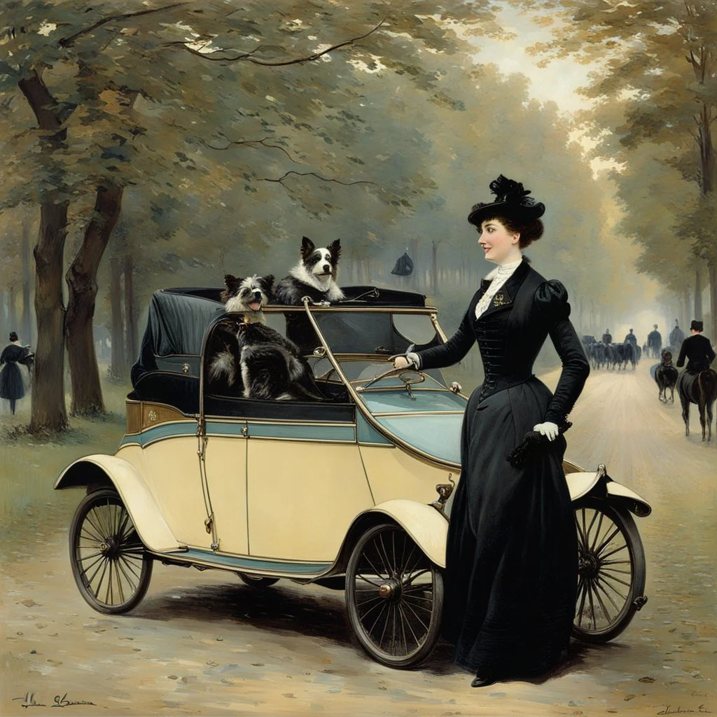 The Goldsmith Ladies in the Bois de Boulogne in 1897 on a Peugeot car, Julius LeBlanc Stewart, smile, dog