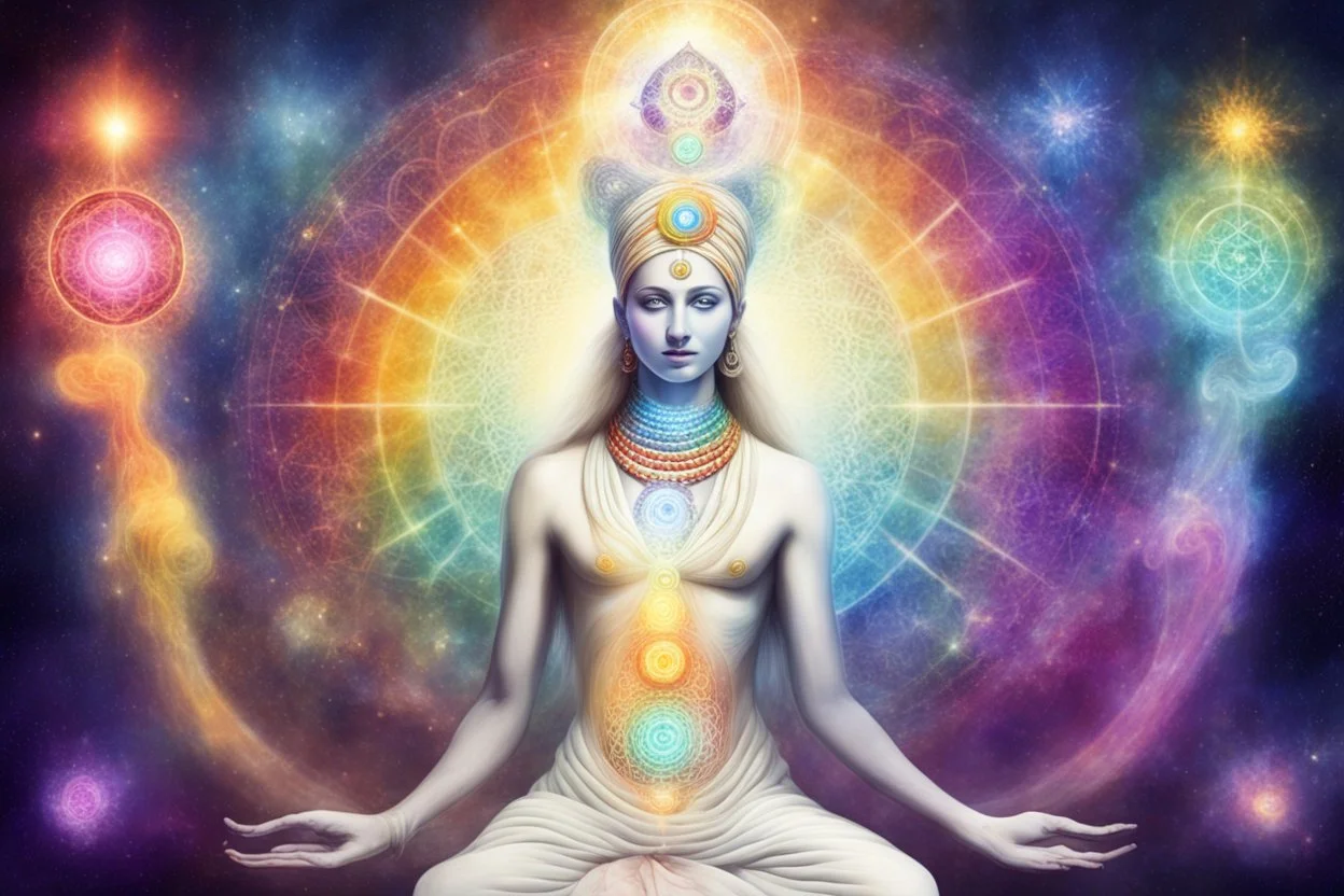 in light meant, kundalini, awaken, light, universe, all chakras in all colours, creatures around,