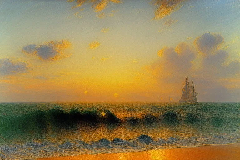 Amazing sunset, sea waves, sand, max liebermann and claude monet painting