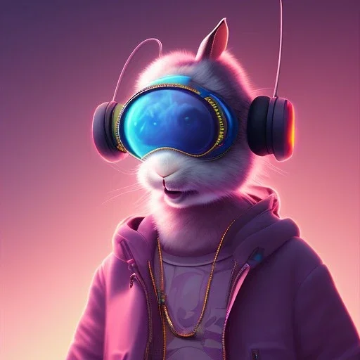 pixar style anamorphic cute rabbit baby, smiling, cyberpunk headphone, sunglass, gangsta gold neckless, full body, magenta puffer jacket, manila city backdrop, dramatic lighting, hyper realistic, unreal engine 5, 16k