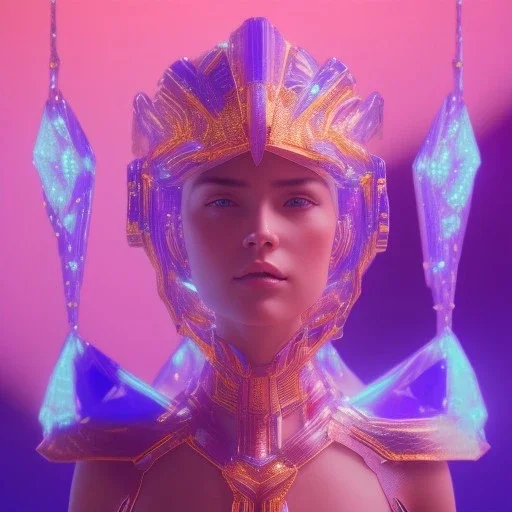 A portrait of a crystalised blue pink extraterrestrial, gold, diamonds, sunny background, atmospheric, realistic, unreal engine, 8k. Cinematic lighting, octane render.