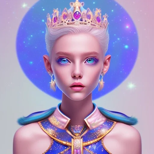 cosmic petit prince belle fine, profil de trois quart, grand front cosmique, peau bleu cristalline, yeux bleu, perle sur le front long cheveux blond et rose etoilé, cristaux sur le corps, collier de grande princesse, levres souriante, très jolie sourire