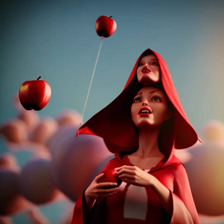 Red Riding Hood looks up to the sky while eating an apple on a balloon.