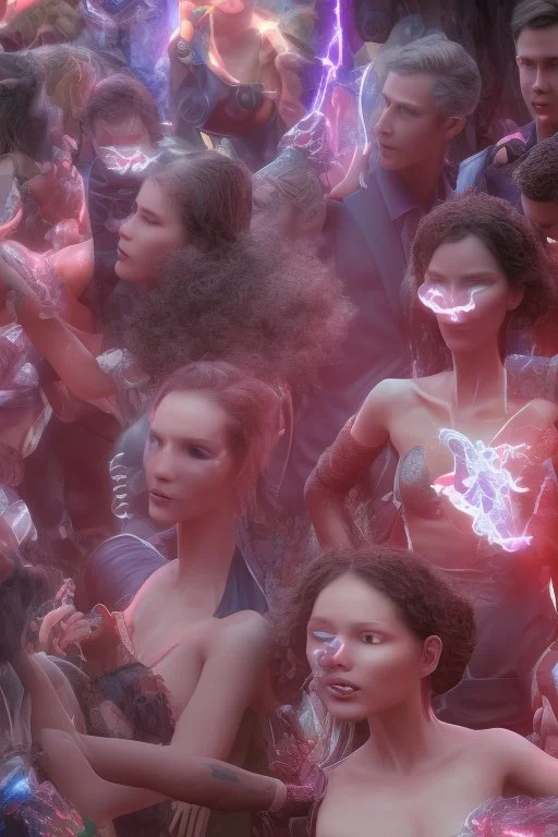 Two woman catches each others eyes in a crowd full of people. The attraction is overwhelming and electrical. Chaos50 with 8k high resolution