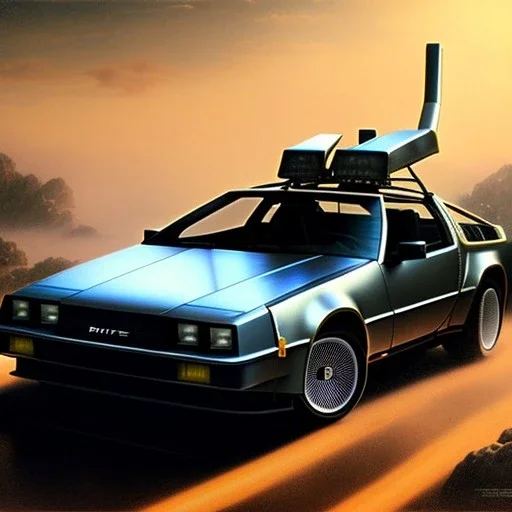 hyperrealism Drawing of '1981 DeLorean DMC-12' three quarter frontal aerial view, by gaston bussiere, greg rutkowski, yoji shinkawa, yoshitaka amano, tsutomu nihei, donato giancola, tim hildebrandt,oil on canvas, cinematic composition,Sharp detail,extreme detail,fit full head inside picture,16k