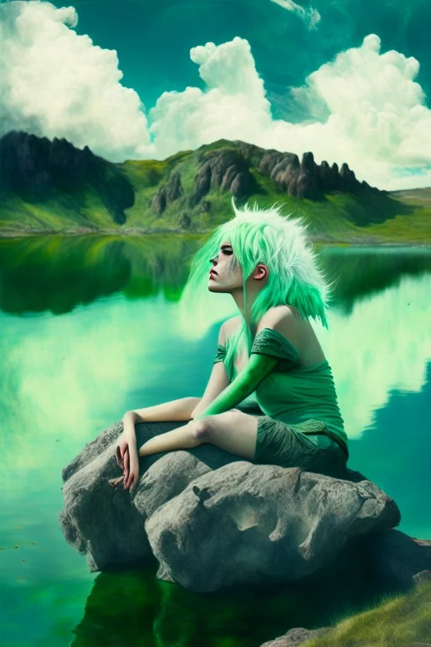 woman sitting on a rock, in a lake, green mottled skin, green hair, blue sky, white clouds