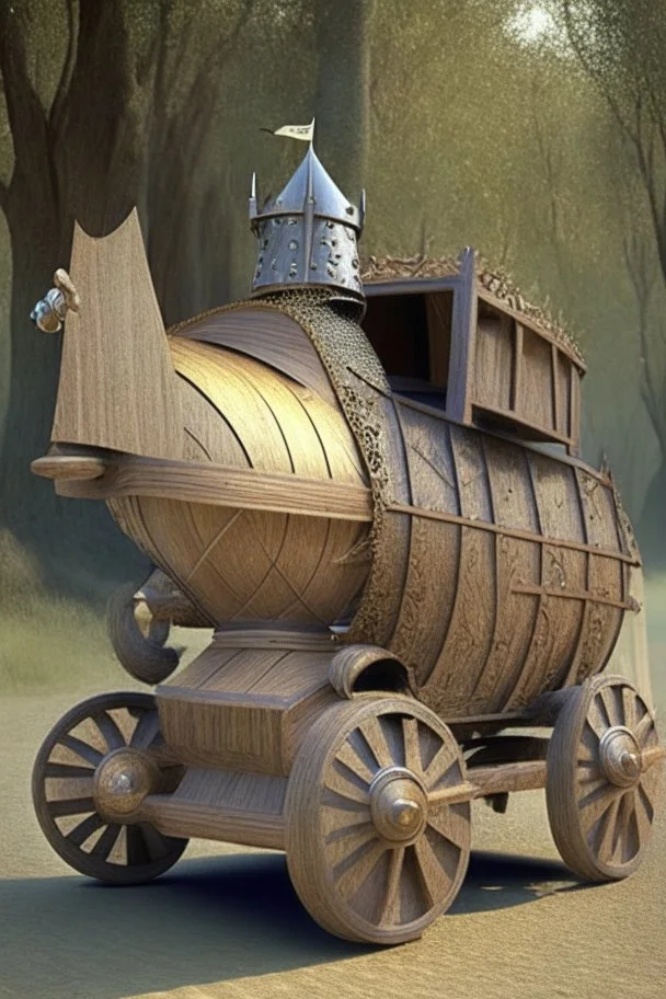 medival car with wooden wheels, driven by a knight