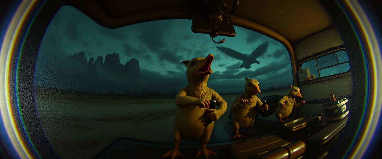 pin hole cam, master oil painting by Rembrandt superrealistic fallout 4,When somebody listens to everything you say but still is an asshole testicle duck goblins. hodenkobolds on the run, in fast lorry, motion blur, dimensional gate, hill billy mafia