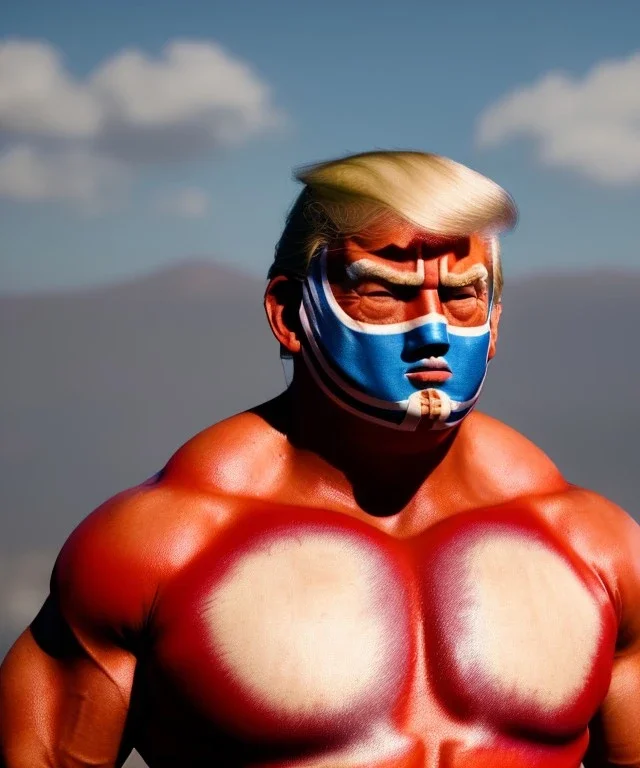 Realistic image of Donald trump wrestler, Mexican wrestling style, Mexican wrestling mask, chin and nose visibles, red and blue breeches, glow us flag dress, suspenders, retro style, 80s, vibrant color, highly detailed, sky background, concept art, unreal engine 5, god rays, ray tracing, RTX, lumen lighting, ultra detail, volumetric lighting, 3d, finely drawn, high definition, high resolution.