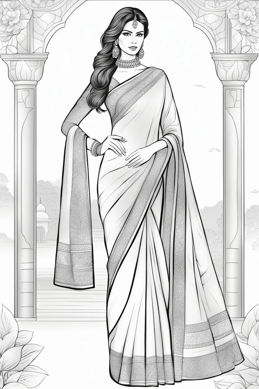 Coloring page for adults of a elegant fashion model woman wearing hindi dress, dynamic poses, full body portrait, thick and clean lines, clean details, no-color, no-turban, no-background, non color, non shading, no-grayscale, dynamic poses, full body portrait, thick and clean lines, clean details, no-color, no-turban, , non background, non color, non shading, no-grayscale, no color hair