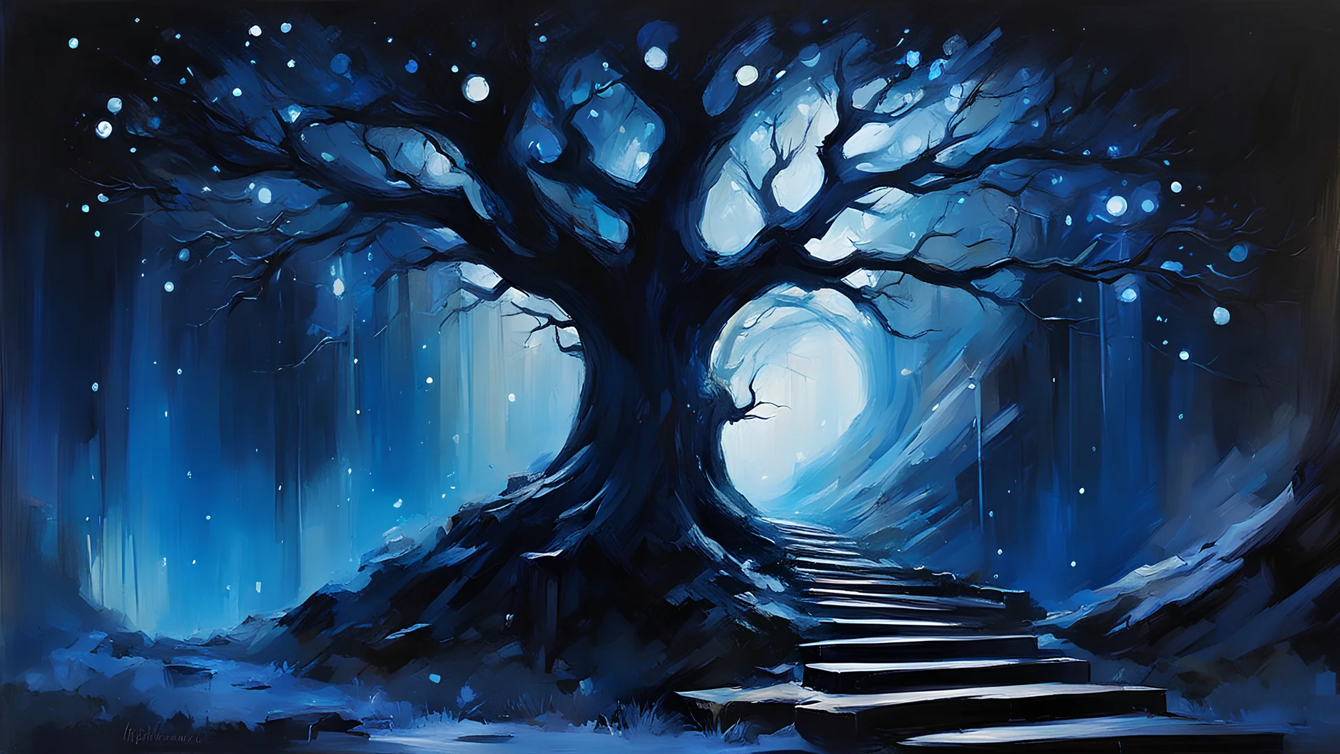 acrylic illustration, acrylic paint, oily sketch, A hughe hollow tree with stairs, dark blue glowing light, fantasy, magic, dark, stars, sparkle, by [Iryna Yermolova | Conor Harrington]