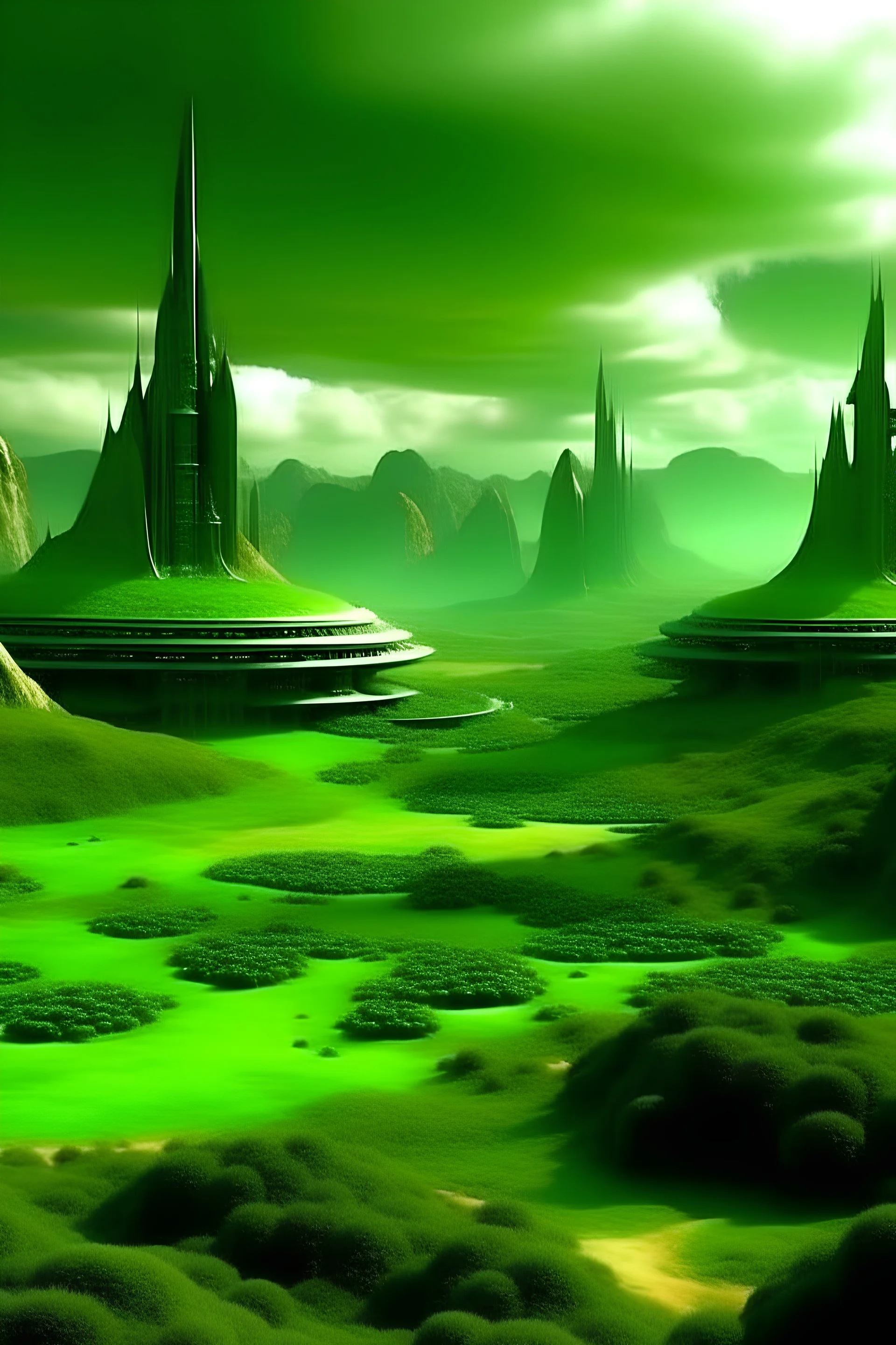 green valley with alien buildings by richard powers