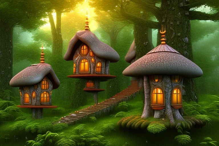 shitake houses with windows in a forest