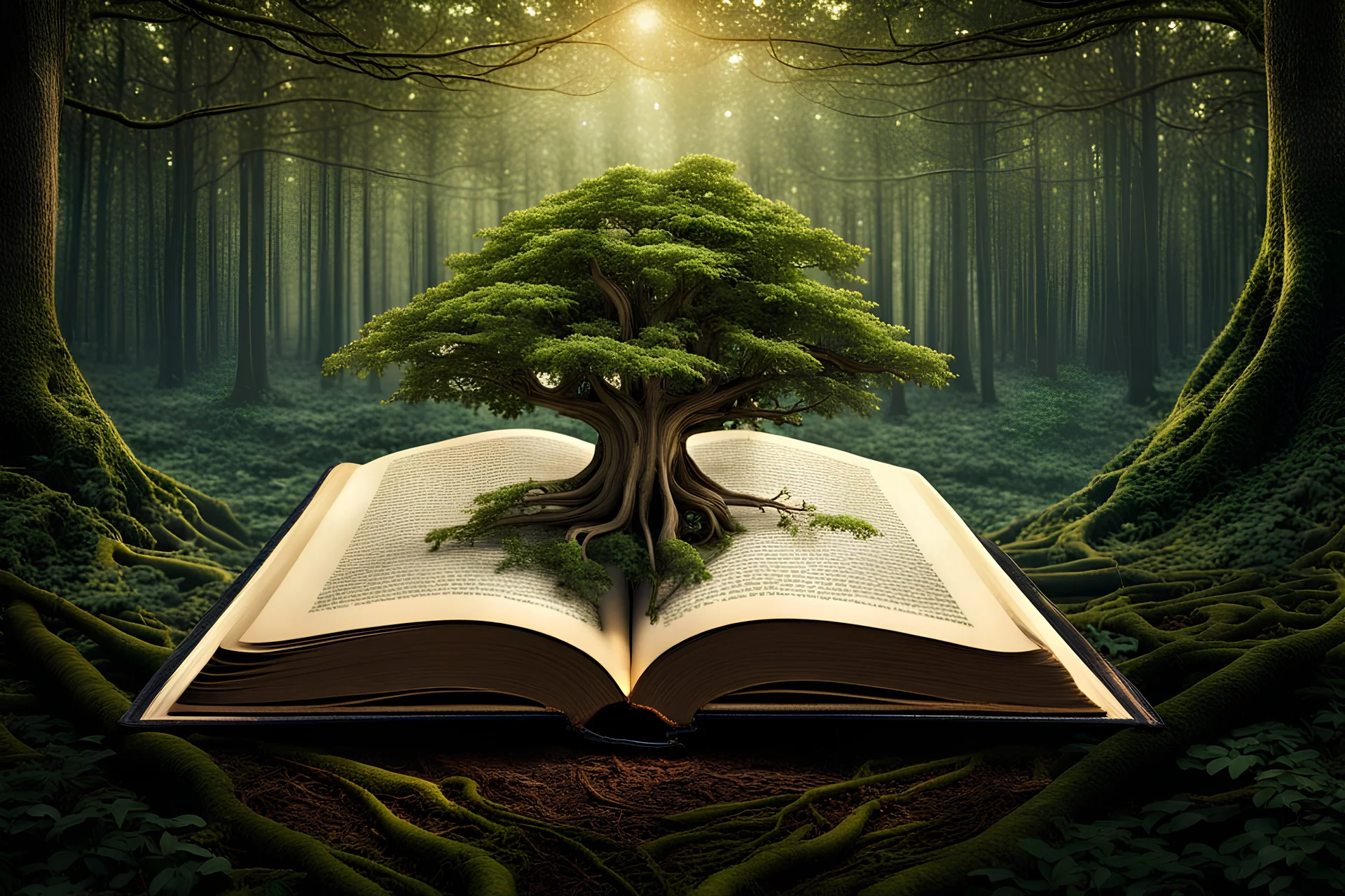 Surreal image of an open book floating in the air in the middle of a dense forest, a large old tree growing in the middle of the book, surrounded by a forest of trees, surrealism, mind bending, thought provoking, highly detailed, 8k