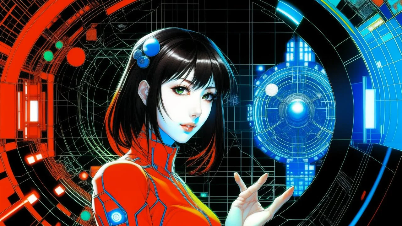 An illustration by Kuniyoshi and Miyazaki of a tech-girl inside a futuristic matrix-grid.