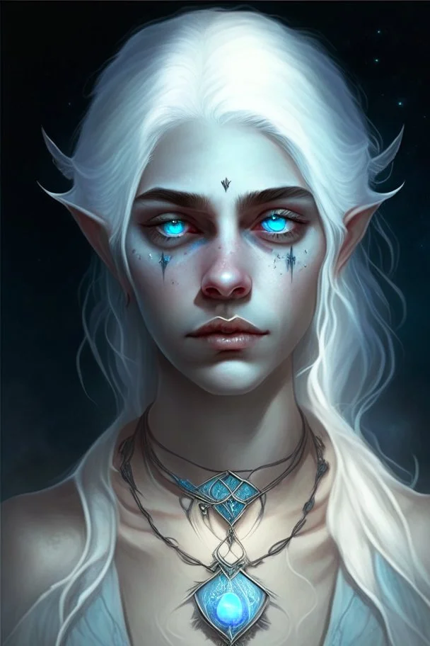 hauntingly beautiful character for dnd, young woman with white hair and blue eyes, angel, with moon necklace, scarred neck