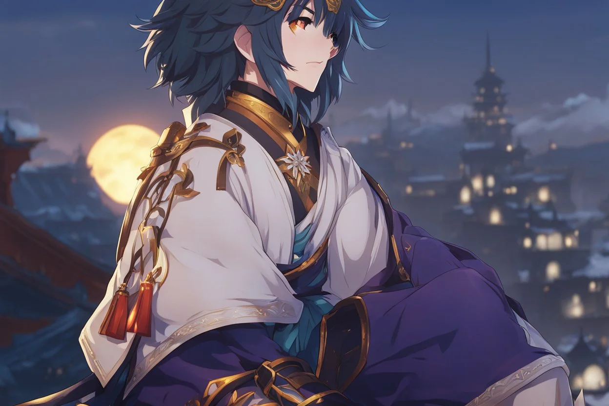 Xiao from Genshin Impact, highly detailed, intricate background, sitting on rooftop, contemplative