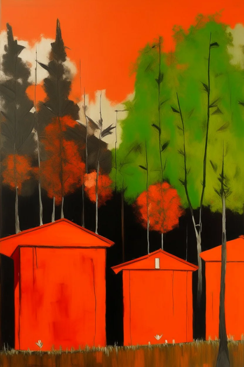 Dark orange treetops with birdhouses painted by Mark Rothko
