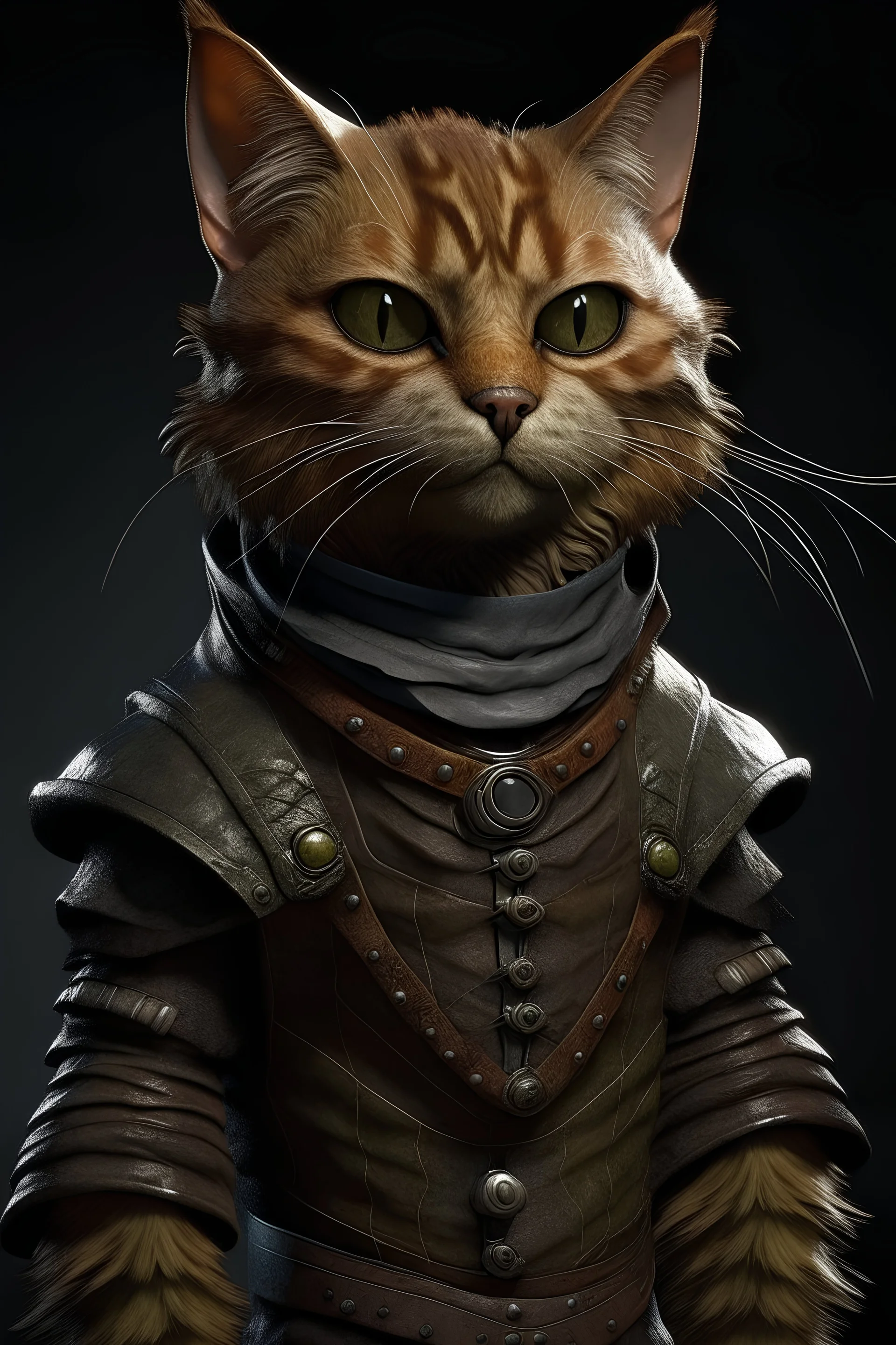 A realistic humanoid cat, scruffy and scarred, wearing a leather doublet