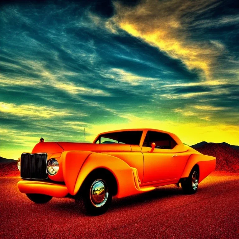 art deco, muscle car, desert road, sunset, full colour, hd,