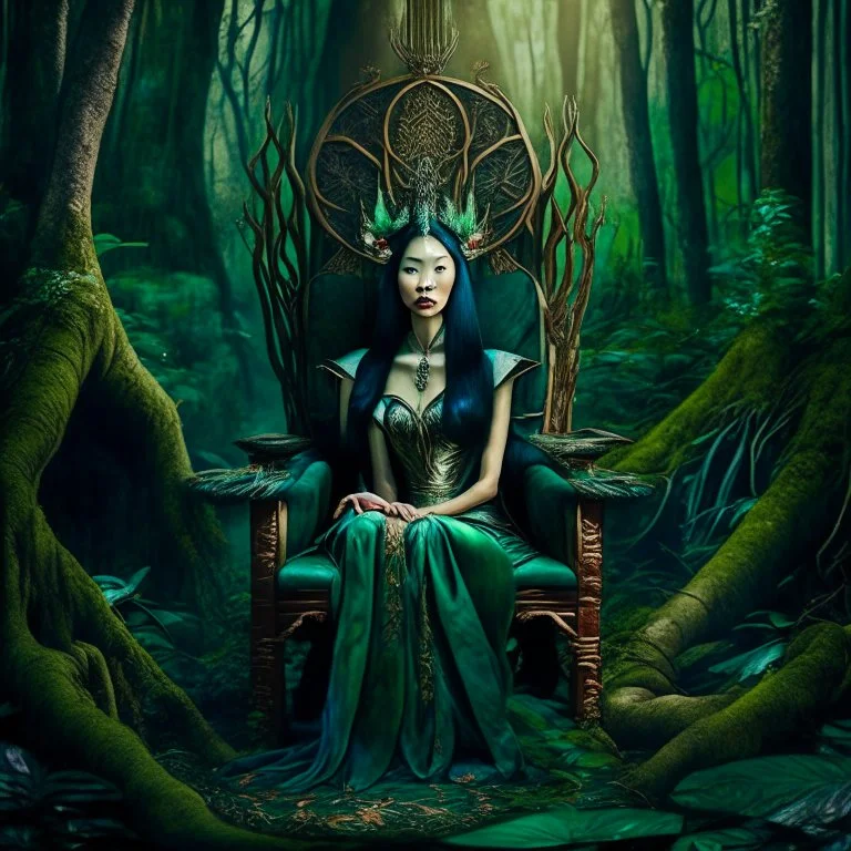 A beautiful as a model asian woodland elf princess who looks like Lucy Liu seated on a throne in a mystical forest