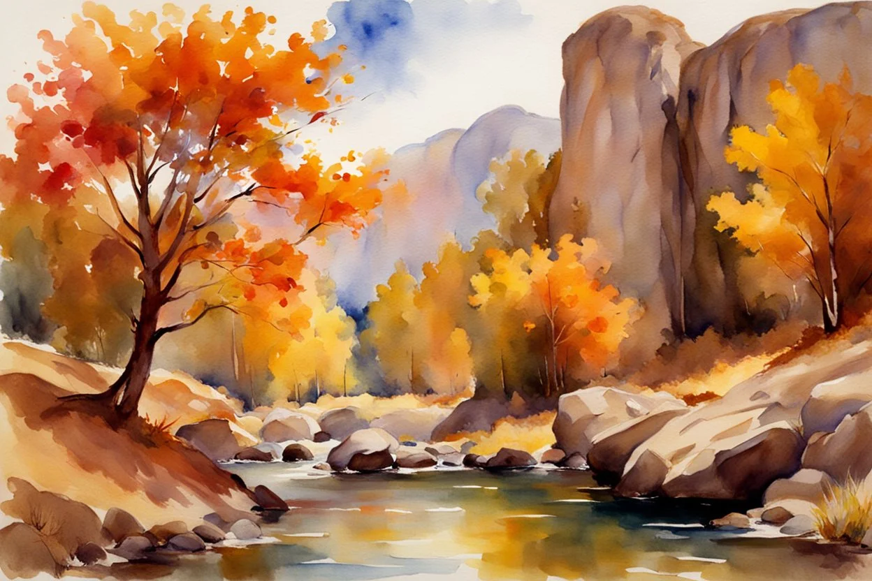 Sunny day, autumn trees, rocks, fantasy, mountains, epic, john singer sargent watercolor paintings